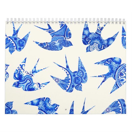 Blue Waterverf Swallow Bird Pattern Kalender (Hoes)