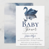 Blue Waterverf Swan Baby shower Invitation Kaart (Voorkant / Achterkant)