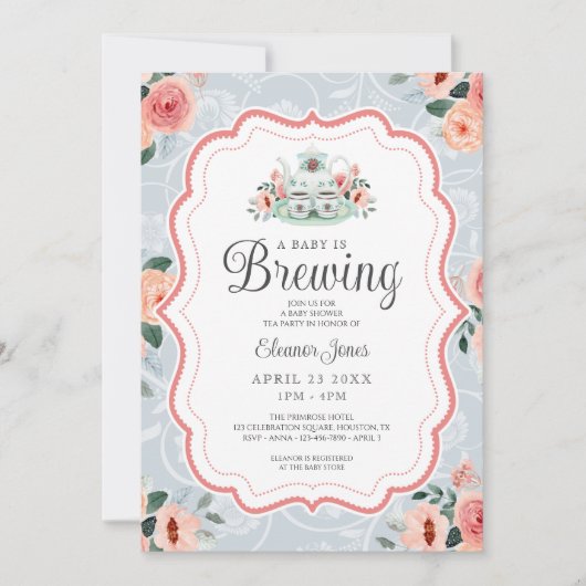  Blue Waterverf Tea Party Baby shower Kaart (Voorkant)