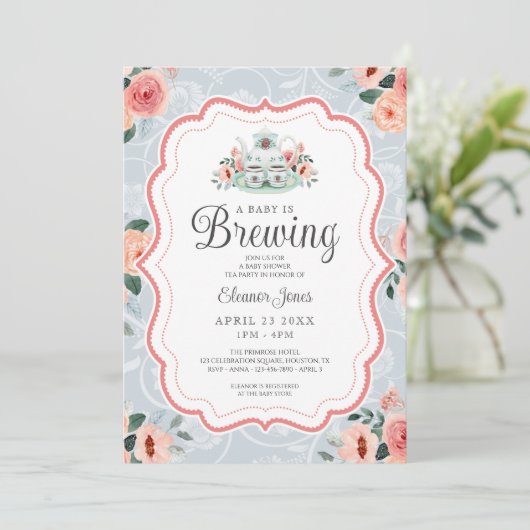  Blue Waterverf Tea Party Baby shower Kaart (Staand voorkant)