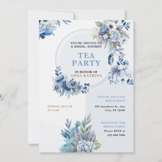 Blue Waterverf Tea Party Bridal Shower Uitnodiging (Voorkant)