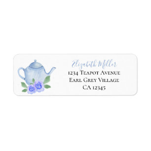 Blue Waterverf Teapot Return Address Etiket
