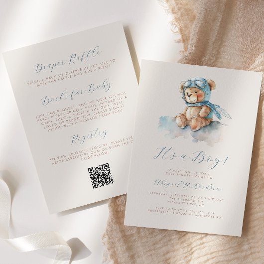 Blue Waterverf Teddy Bear QR Code Boy Baby shower Kaart