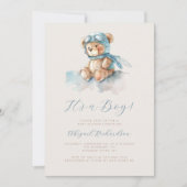 Blue Waterverf Teddy Bear QR Code Boy Baby shower Kaart (Voorkant)