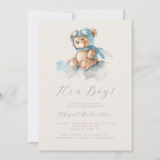 Blue Waterverf Teddy Bear QR Code Boy Baby shower Kaart (Voorkant)