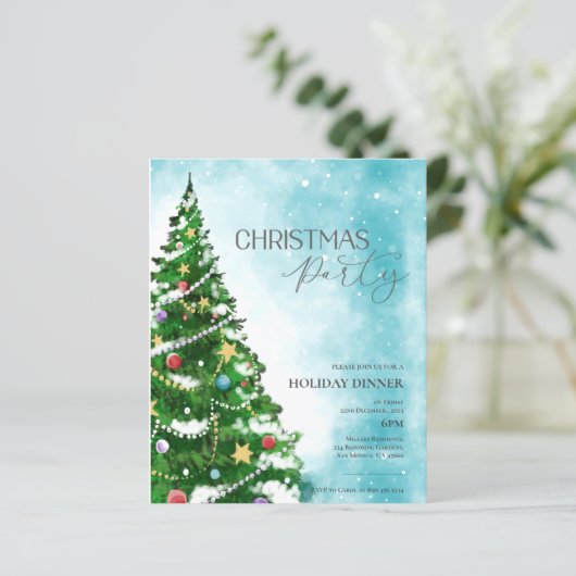 Blue Waterverf Tree Christmas Party Uitnodiging (Staand voorkant)