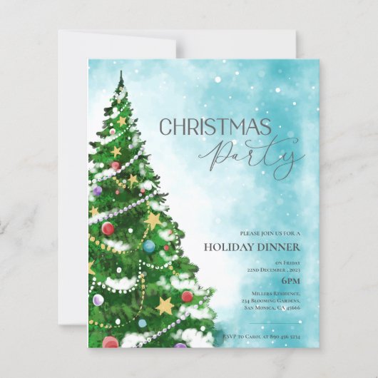 Blue Waterverf Tree Christmas Party Uitnodiging (Voorkant)