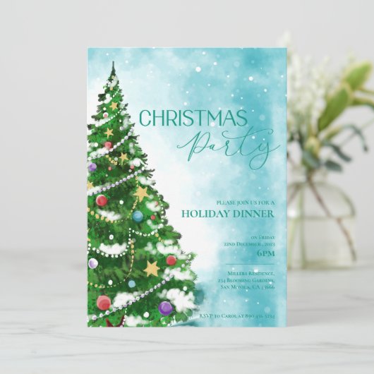 Blue Waterverf Tree Christmas Party Uitnodiging (Staand voorkant)
