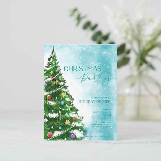 Blue Waterverf Tree Christmas Party Uitnodiging (Staand voorkant)