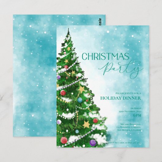 Blue Waterverf Tree Christmas Party Uitnodiging (Voorkant / Achterkant)
