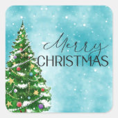 Blue Waterverf Tree Merry Christmas Envelope Vierkante Sticker (Voorkant)
