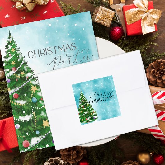 Blue Waterverf Tree Merry Christmas Envelope Vierkante Sticker