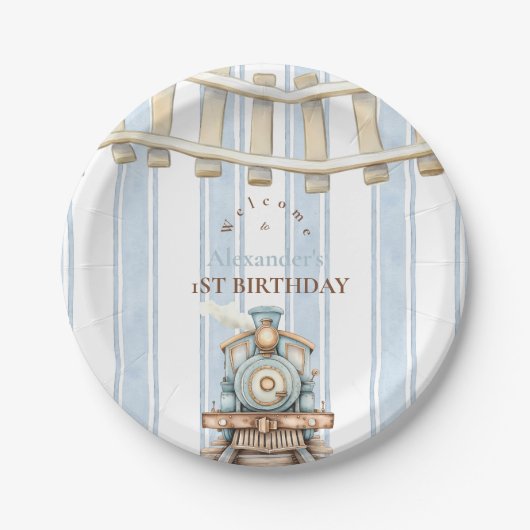 Blue Waterverf trein 1e verjaardag Papieren Bordje (Voorkant)