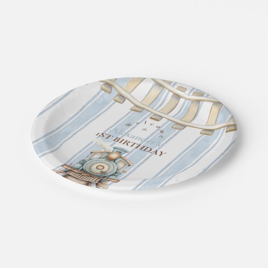 Blue Waterverf trein 1e verjaardag Papieren Bordje (Gekanteld)