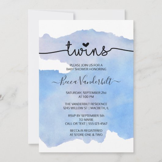 Blue Waterverf Twins Baby shower Kaart (Voorkant)