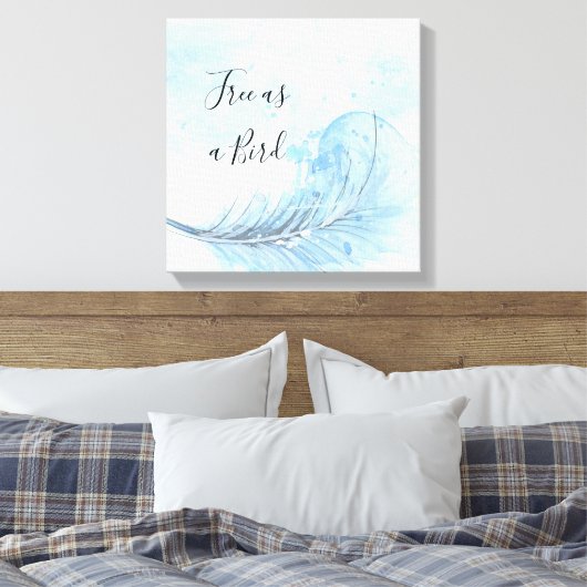 Blue waterverf veer custo Gratis als vogelquote Canvas Afdruk (Insitu (Slaapkamer))