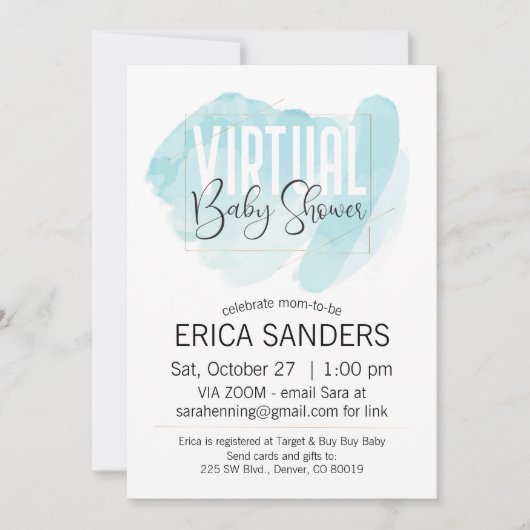 Blue Waterverf Virtual Baby shower Invitation Kaart (Voorkant)