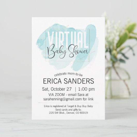 Blue Waterverf Virtual Baby shower Invitation Kaart (Staand voorkant)