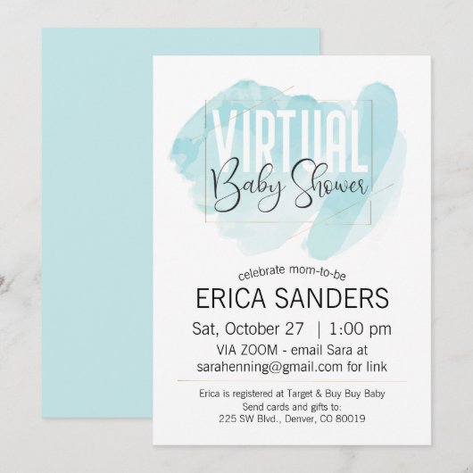 Blue Waterverf Virtual Baby shower Invitation Kaart (Voorkant / Achterkant)