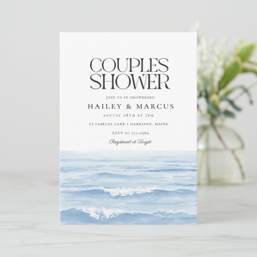 Blue Waterverf Waves Couples Vrijgezellenfeest Kaart (Staand voorkant)