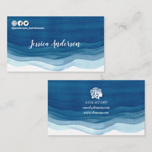 Blue Waterverf Waves Hair Stylist Modern Social Visitekaartje (Voorkant / Achterkant)