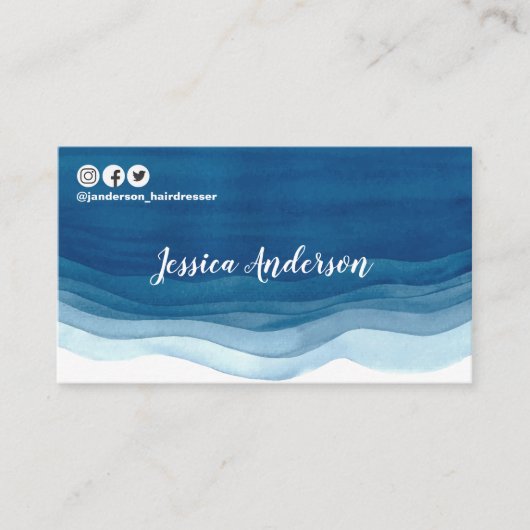 Blue Waterverf Waves Hair Stylist Modern Social Visitekaartje (Voorkant)