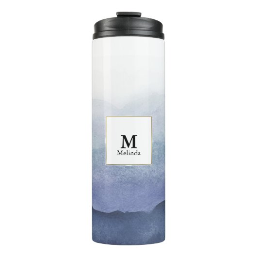Blue Waterverf Waves Monogram Tumbler Thermosbeker (Voorkant)