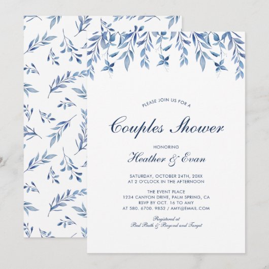Blue Waterverf Wedding Couples Shower Uitnodiging (Voorkant / Achterkant)