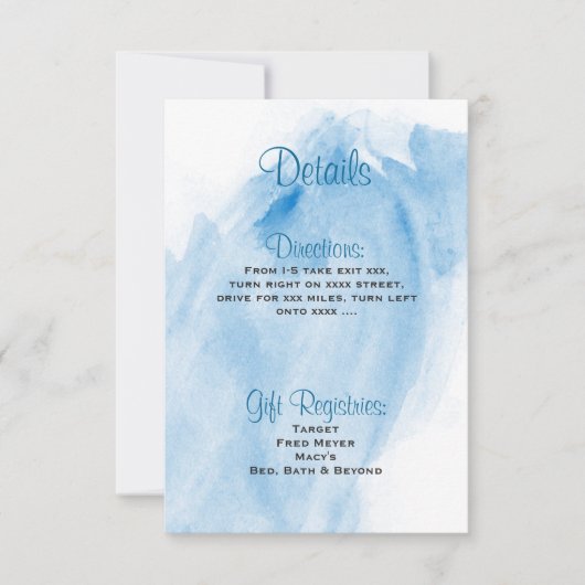 Blue Waterverf Wedding Invitation Details Kaart (Voorkant)