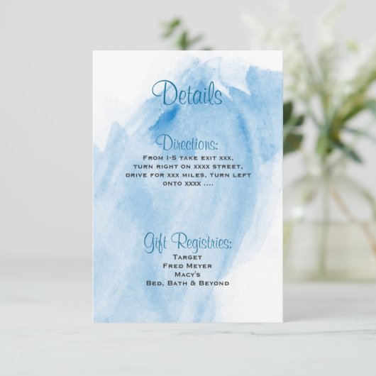 Blue Waterverf Wedding Invitation Details Kaart (Staand voorkant)