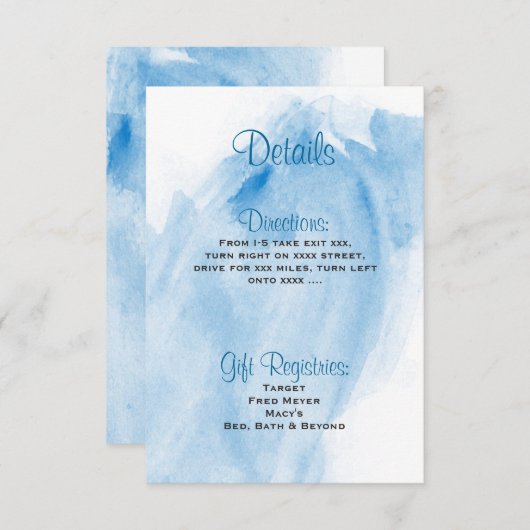 Blue Waterverf Wedding Invitation Details Kaart (Voorkant / Achterkant)