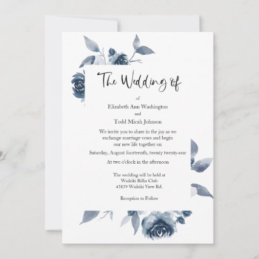 Blue Waterverf Wedding Invitation No Foto Kaart (Voorkant)