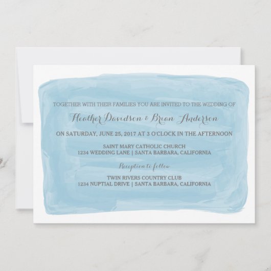 Blue Waterverf Wedding Invite Kaart (Voorkant)