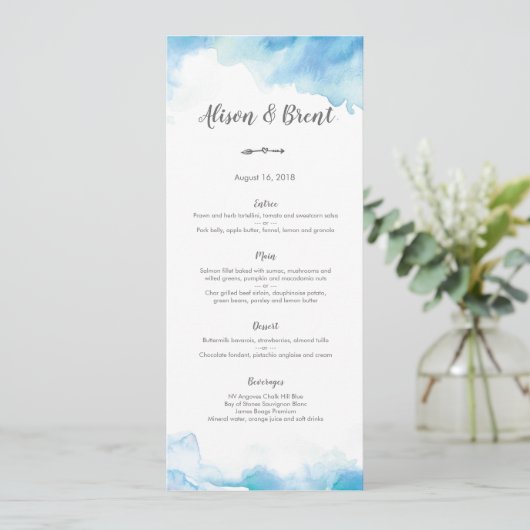 Blue waterverf Wedding Menu of Programma Kaart (Staand voorkant)