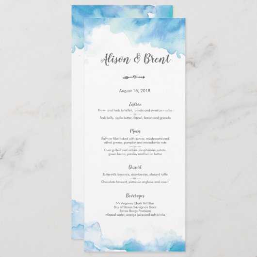 Blue waterverf Wedding Menu of Programma Kaart (Voorkant / Achterkant)