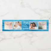Blue Waterverf Wedding Photo Collage Waterfles Etiket (Enkel label)