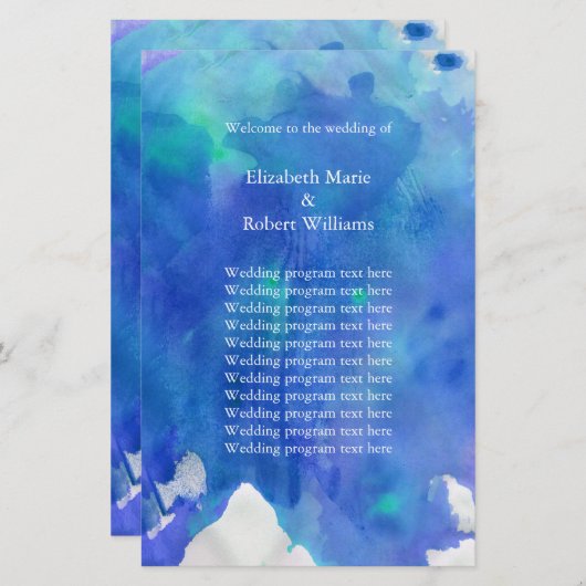 Blue Waterverf Wedding Program (Voorkant / Achterkant)