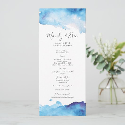 Blue Waterverf Wedding Program Card Menu (Staand voorkant)