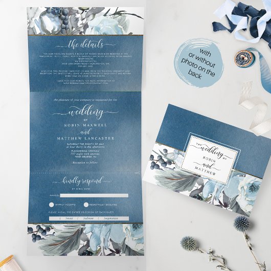 Blue Waterverf Wedding Tri-Fold Invitation RSVP Drieluik Uitnodiging