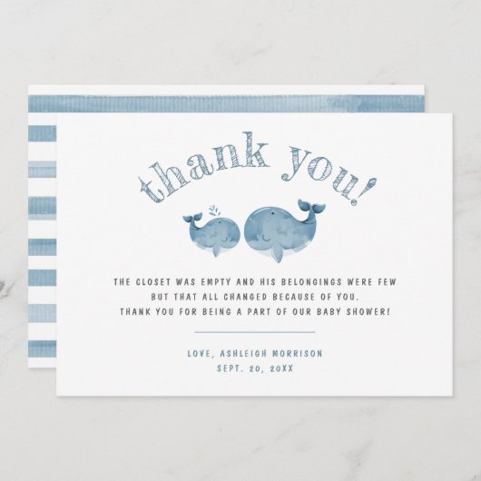 Blue Waterverf Whale Boy Baby shower Dank u Bedankkaart (Voorkant / Achterkant)
