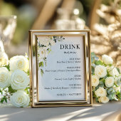 Blue Waterverf White Rose Wedding Drink Menu Sign Poster