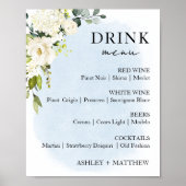 Blue Waterverf White Rose Wedding Drink Menu Sign Poster (Voorkant)
