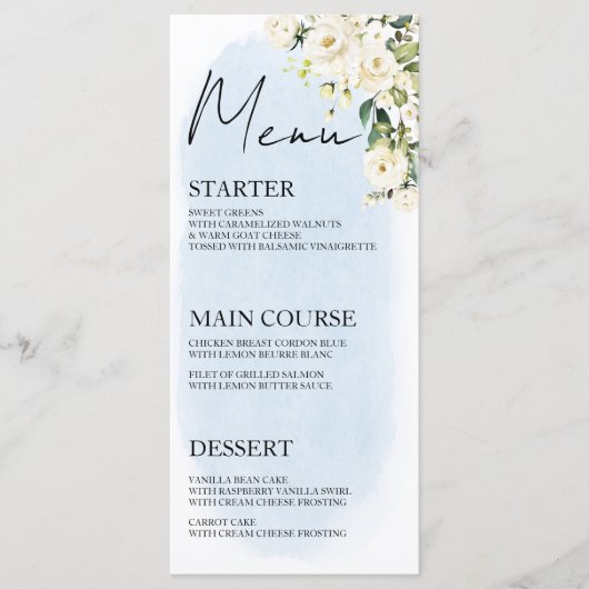 Blue Waterverf White Rose Wedding Menu Place Card (Voorkant)
