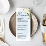 Blue Waterverf White Rose Wedding Menu Place Card<br><div class="desc">Voeg een vleugje elegantie toe aan uw receptietafel met deze Blue Waterverf en White Rose Wedding Menu Place Card. Met een zacht blauw waterverf achtergrond met delicate witte bloemen, deze kaart fungeert als een menu en naam kaart voor de plaats instelling van elke gast. Volledig bewerkbaar voor het personaliseren van...</div>