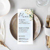 Blue Waterverf White Rose Wedding Menu Place Card