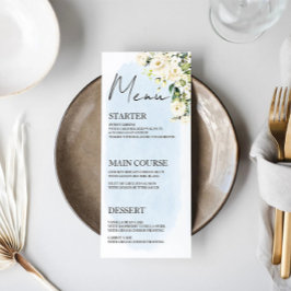 Blue Waterverf White Rose Wedding Menu Place Card