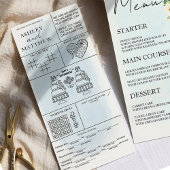 Blue Waterverf White Rose Wedding Menu Place Card