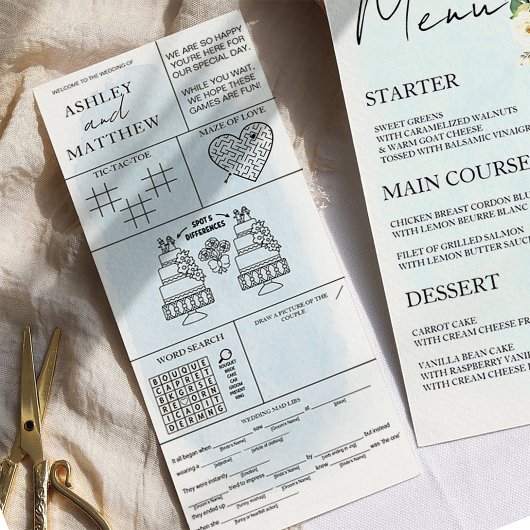 Blue Waterverf White Rose Wedding Menu Place Card