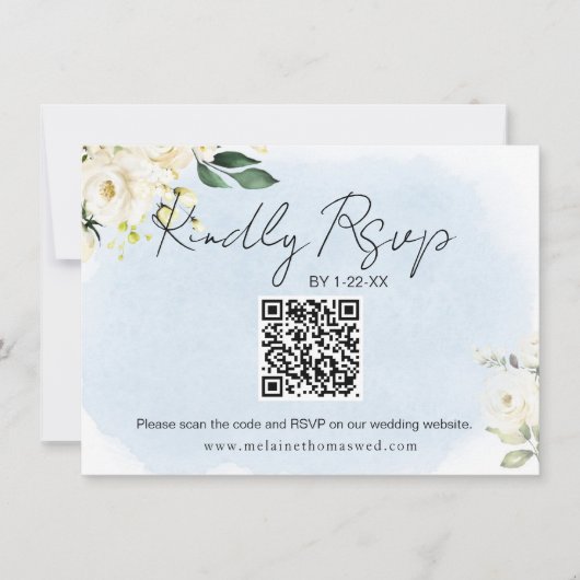 Blue Waterverf White Rose Wedding RSVP Kaart (Voorkant)