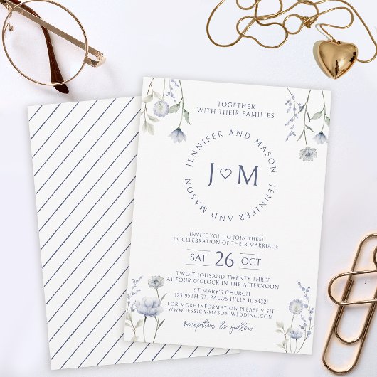 Blue waterverf wildflower bruiloft uitnodiging
